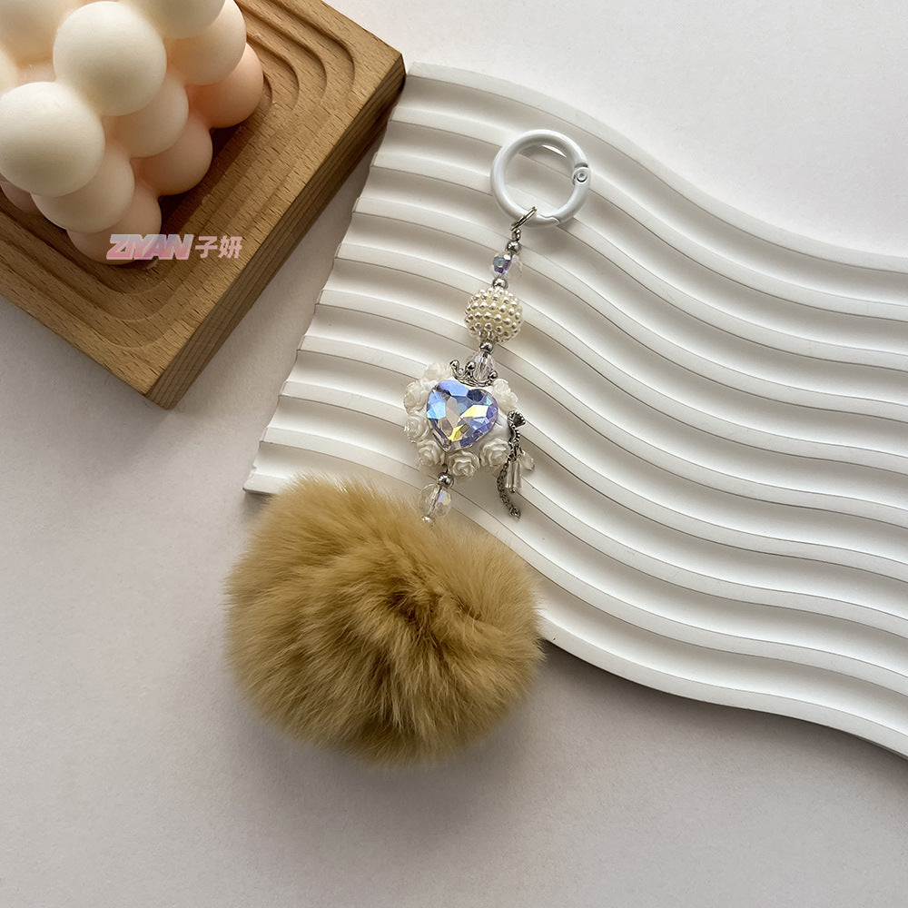 Wholesale Hair Ball Heart-shaped Rose Diamond Ball Keychain